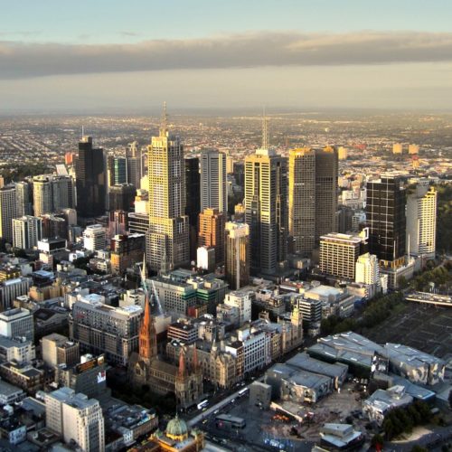 Melbourne city aerial view over Flinders Street station