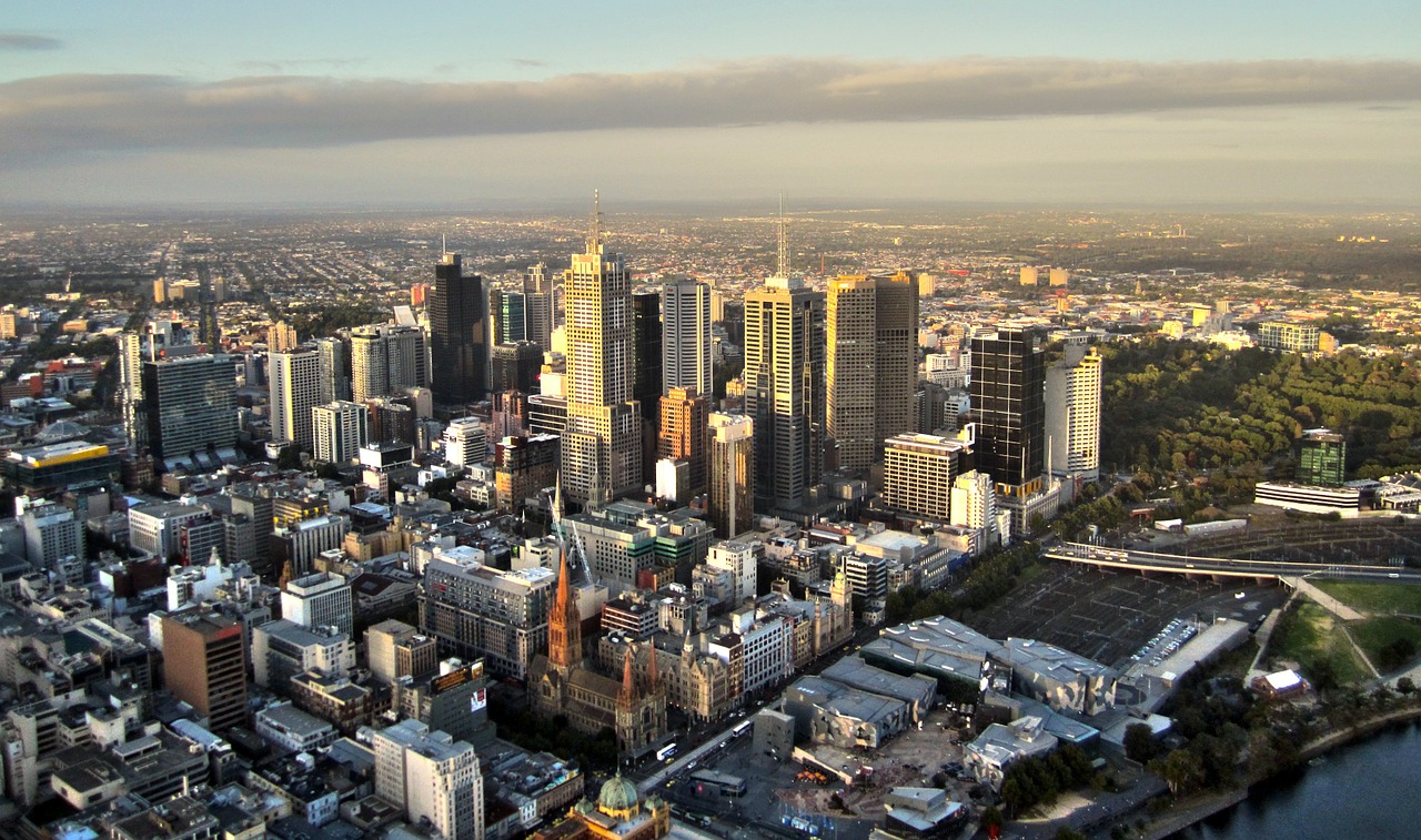 Melbourne city aerial view over Flinders Street station