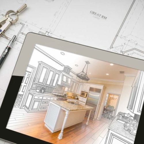 Renovation blueprints and iPad showing concept