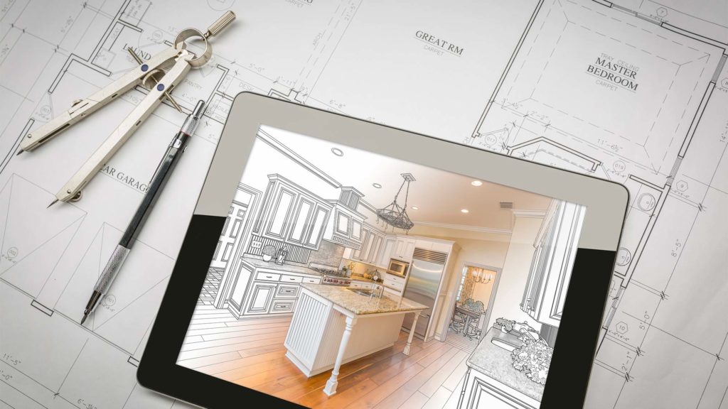 Renovation blueprints and iPad showing concept