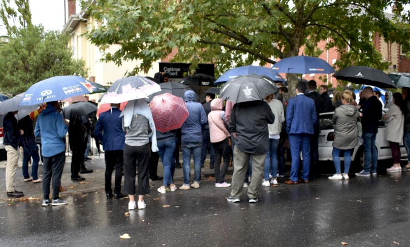 Rainy auction day, crowd with umbrellas